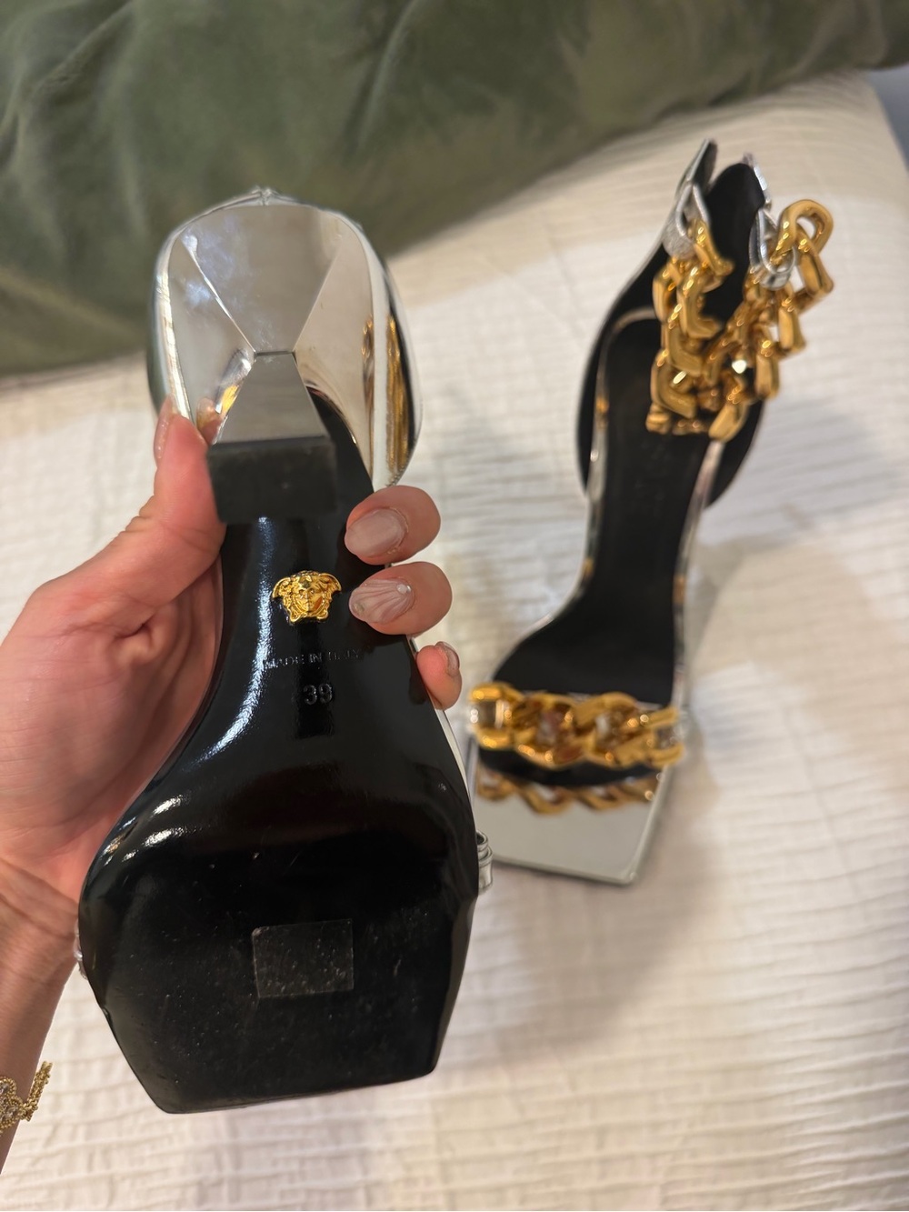 Versace Silver Mirror Patent Heels with Gold Chain Trim - Picture 2 of 2